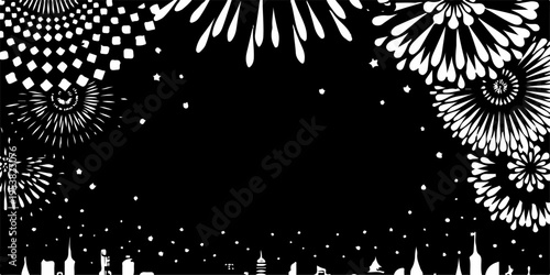Abstract vector background featuring a black and white explosion of holiday fireworks and bright stars in the night sky for a New Year celebration design