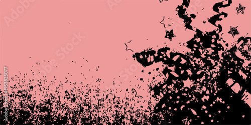 A grungy black ink splat pattern creates an abstract vector illustration with a dirty paint splash texture and spray drip border design on a liquid stain wallpaper