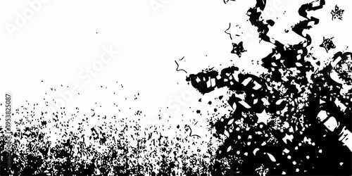 Abstract black and white background featuring a grunge ink splatter texture with paint spray drips and a decorative vector frame element