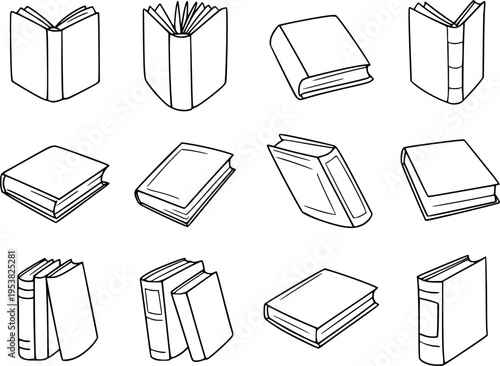 Collection of hand drawn black and white book in various open and closed positions