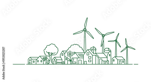 Green line art vector illustration depicting a sustainable community powered by clean wind energy sources