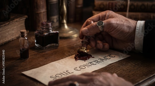 Close Up of Hand Sealing Soul Contract Document with Wax Stamp