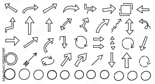 Collection of various hand drawn doodle style black and white arrow icons vector graphic elements set