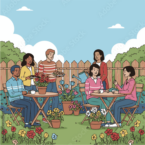 Diverse group of people socializing outdoors.