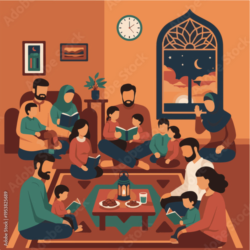 Muslim family breaking fast together.
