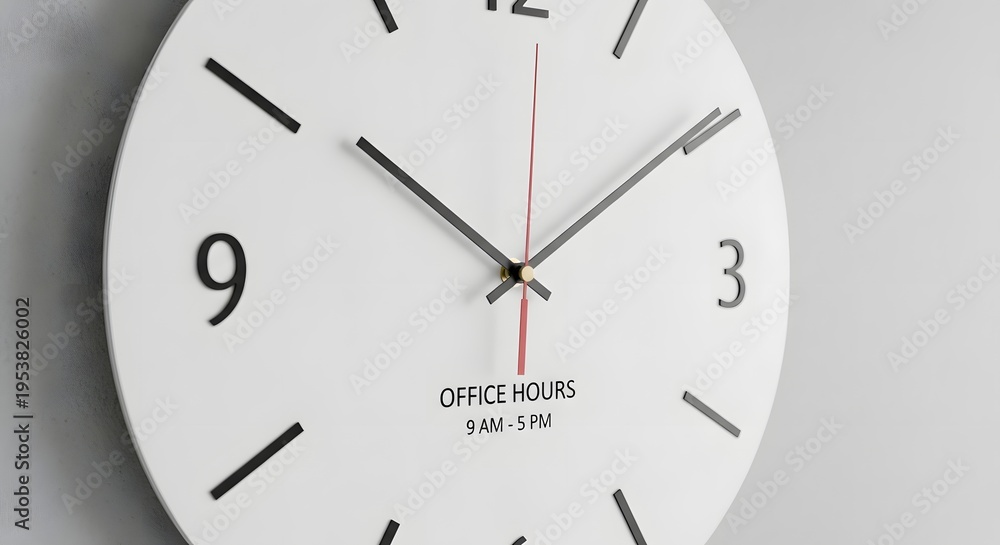 Fototapeta premium Minimalist wall clock showing office hours 9 am to 5 pm