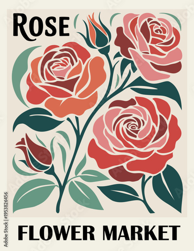 Trendy abstract flower market poster with stylized roses in mid-century modern colors. Retro botanical wall art in groovy naive style, perfect for contemporary interior decor