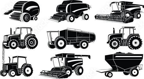 Black silhouette illustration showing nine different agricultural machinery types including tractors, combine harvesters, balers, and grain carts used in modern farming and crop production systems.