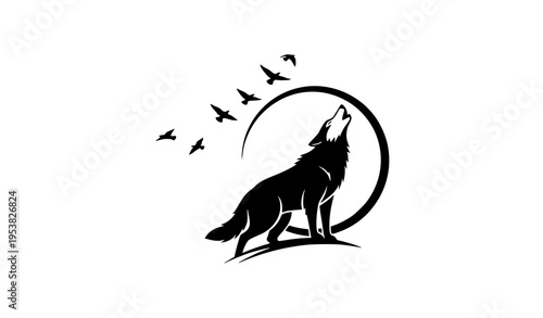 Elegant Wolf Howling Moon and Birds Silhouette Vector Illustration