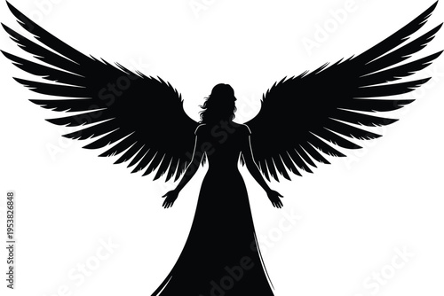Black silhouette of graceful angel woman with large spread wings, spiritual guardian figure isolated on white background, heavenly symbol of protection, faith, hope, fantasy art