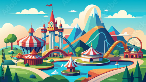 A vibrant and whimsical amusement park featuring colorful tents and roller coasters in the mountains