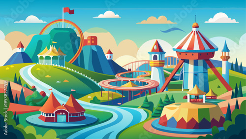 A vibrant whimsical amusement park landscape featuring colorful rides and roller coasters in summer