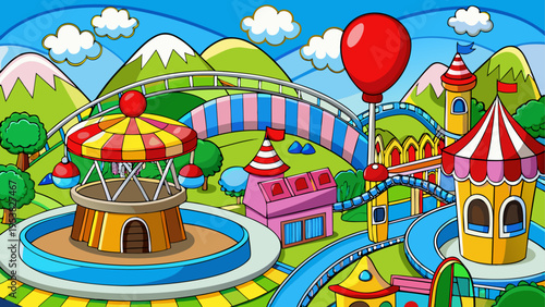 A colorful and vibrant amusement park scene featuring a roller coaster and carnival attractions