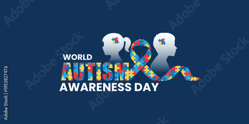 Creative World Autism Awareness Day 2026 design featuring a puzzle-patterned ribbon integrated with bold typography. A symbolic graphic for inclusion and global support for the autism community.
