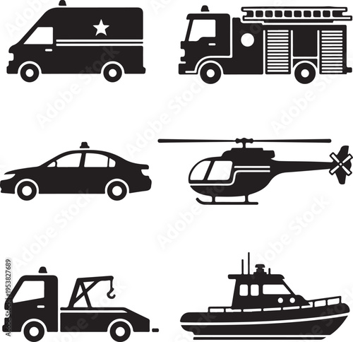 Silhouette icons of various emergency and transportation vehicles
