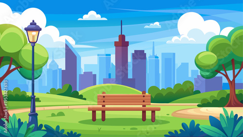 A serene city park featuring a wooden bench under a clear sky with a modern urban skyline backdrop