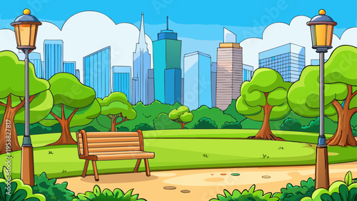 A serene public park featuring a wooden bench and street lamps with a city skyline in background