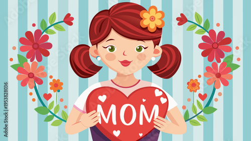 A cute cartoon girl holding a red heart sign with the word mom written on it for mother day theme