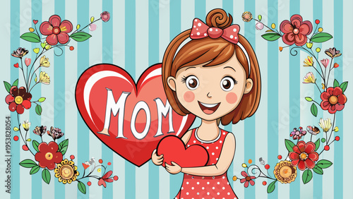 A cute cartoon girl holding a red heart with the word mom written on a large heart in the background