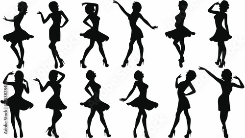 A set of black silhouette illustrations of women in various dance poses