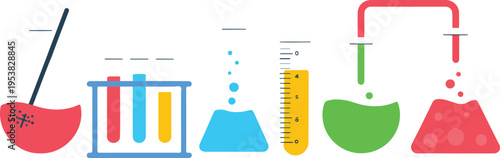 Transparent glassware with chemical reagents, laboratory test tubes, beakers, flasks, dropper bottles for scientific research illustration