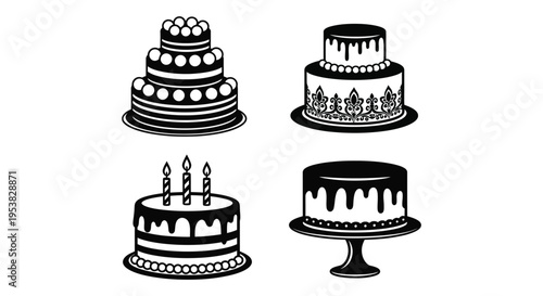 Four distinct vector cake illustrations depicting elegant desserts for birthdays, weddings, and party designs