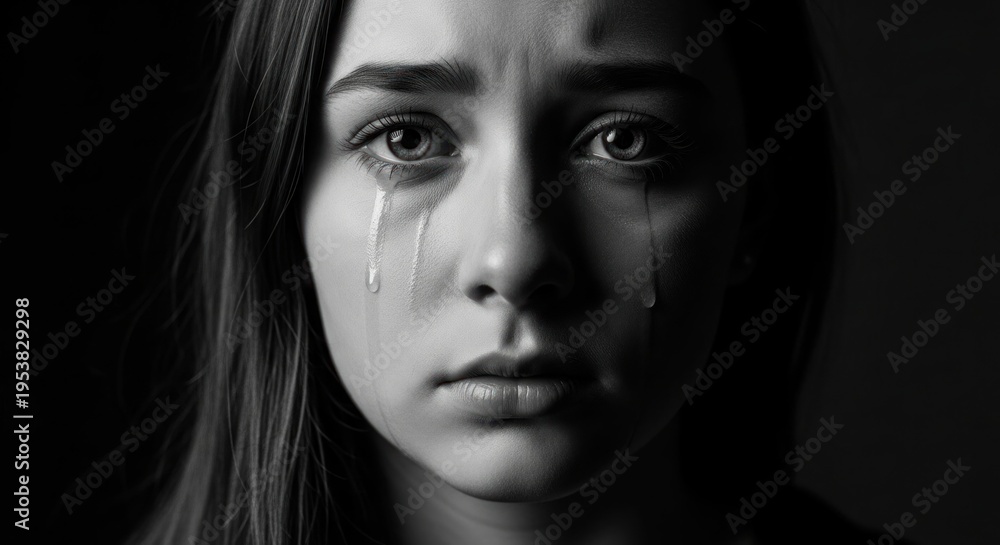 Fototapeta premium Portrait of a woman with tears streaming down her face, in grayscale