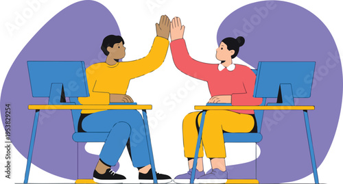 Office workers giving high five celebrating teamwork and collaboration, employees cooperating and working together in professional environment illustration
