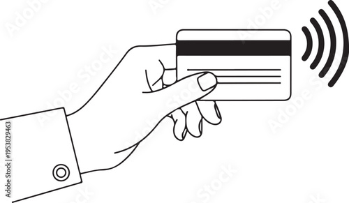 Hand holding a credit card with contactless payment waves, signifying modern transactions.
