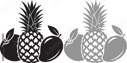 Black and white illustration of tropical fruits arranged in a stylized pattern