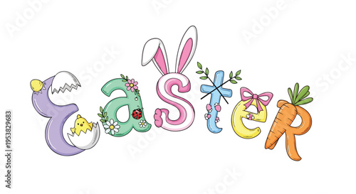 Colorful Easter word art with playful letters depicting chicks, bunnies, flowers, and carrots.