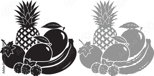 Vintage illustration of tropical fruits and traditional kitchenware with pineapples and berries