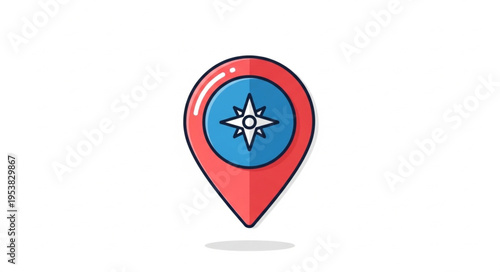 Compass Rose Location Pin Icon with Red Border and Blue Center.