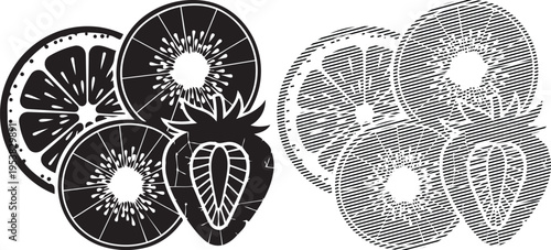 Cross-sectional views of citrus fruits and their internal structural patterns