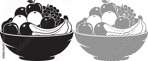 Two contrasting bowls filled with an assortment of fruits and berries displayed side by side