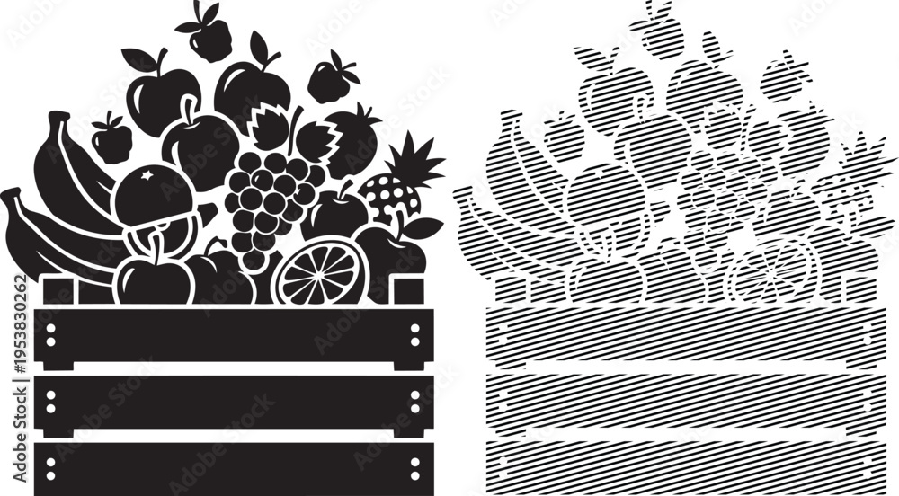 Obraz premium Vibrant illustration of fresh produce in wooden crates and a market basket