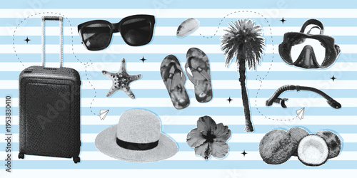 Retro marine travel collage halftone set with suitcase, sunglasses, hat, palm tree, snorkeling mask, flip flops, coconut and sea elements. Tropical vacation vector illustration