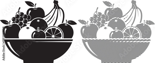 Two contrasting still life illustrations of fruit in bowls with intricate patterns.