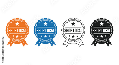 Collection of four shop local badge vector graphic illustrations in various colors and styles