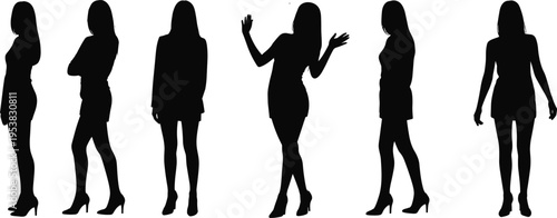 Black woman silhouettes set, young ladies in various standing and fashion poses, female figures in high heels isolated on white background vector
