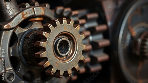 susceptibility. A rusted mechanical gear assembly with one jammed gear, metallic textures, industrial aesthetic. safety posters.