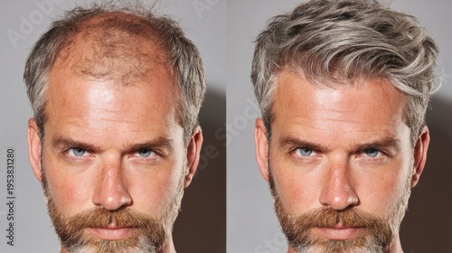 A middle-aged Caucasian man with a beard shows two different hairstyles. The left side has thinning hair, while the right side features a full head of gray hair.
