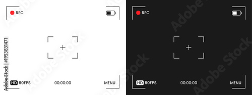 Retro camera video viewfinder 4:3 aspect ratio frame set. Isolated vintage digital video interface overlay. Dark and light mode recording frames border. Snapshot cctv movie. Vector illustration.