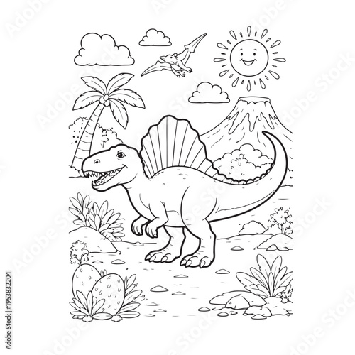 Spinosaurus Dinosaur Coloring Page for Kids Vector Illustration