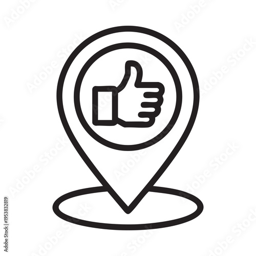 A graphic illustration of a map pin icon with a thumbs up symbol inside, representing approval or confirmation at a specific location on a digital map interface.