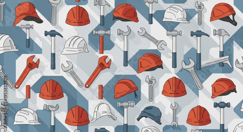 Industrial Tools Pattern Background with Hammer Wrench and Safety Helmet Labor Day Vector Illustration