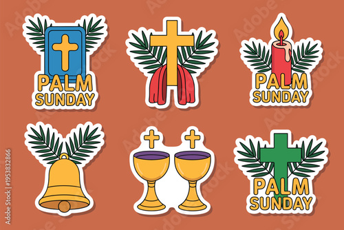 Six illustrated Palm Sunday stickers with crosses chalices and palm leaves