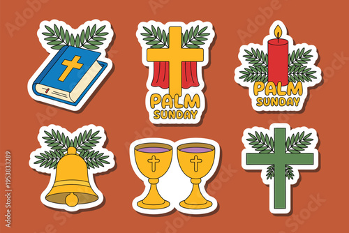 Six illustrated Palm Sunday stickers with palm leaves and chalices