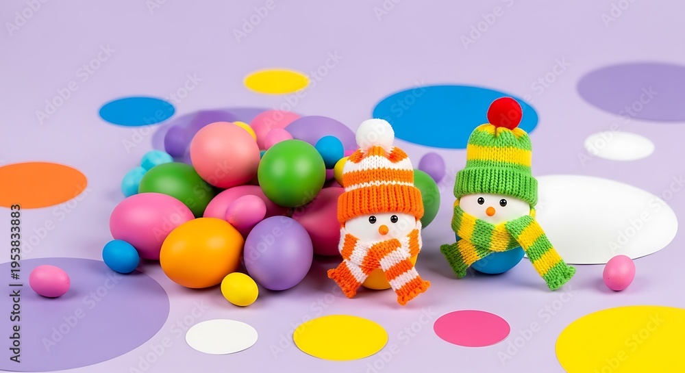 Obraz premium Colorful Snowmen Toys Surrounded by Vibrant Easter Eggs on Polka Dot Background