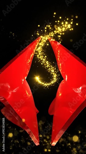 Abstract red ribbons with glowing golden particles on a dark background